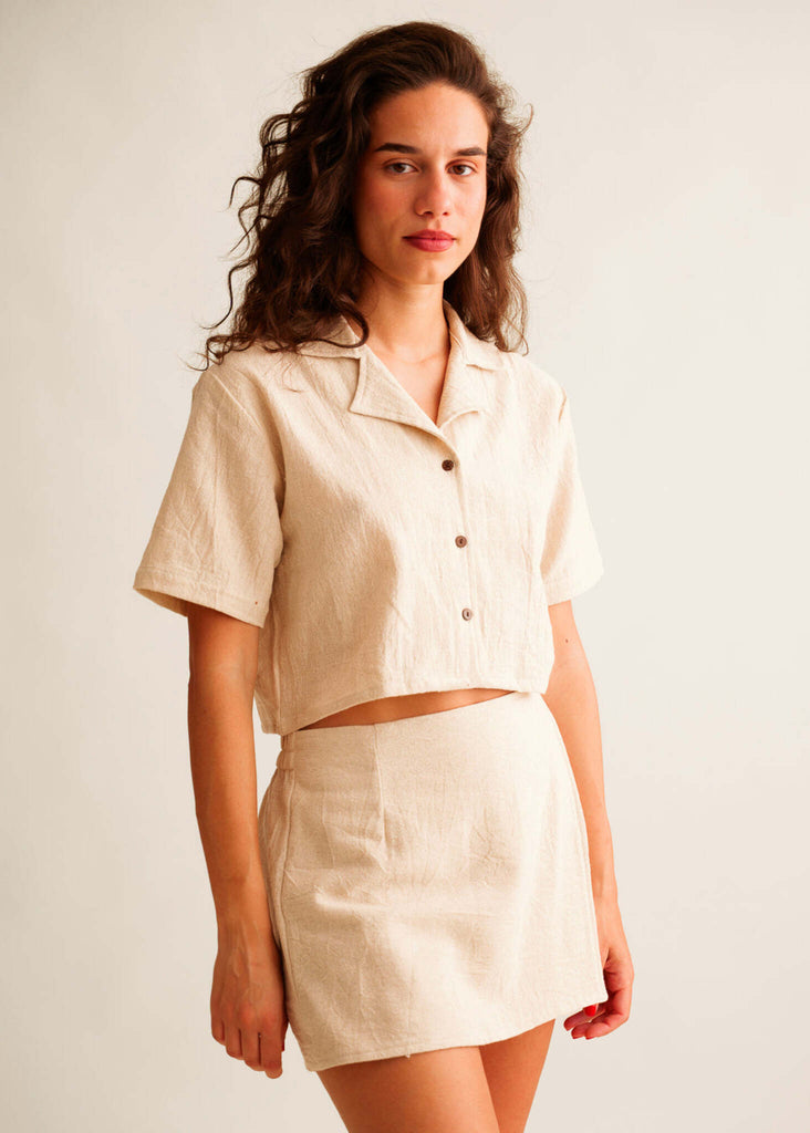 Ivey Skort — Beige linen skort with matching top on model — MYFASHIONFRUIT
