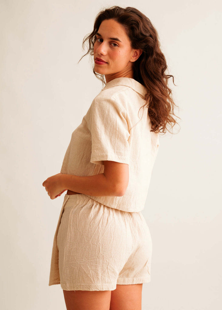 Ivey Skort — Beige shirt and shorts set on model — MYFASHIONFRUIT