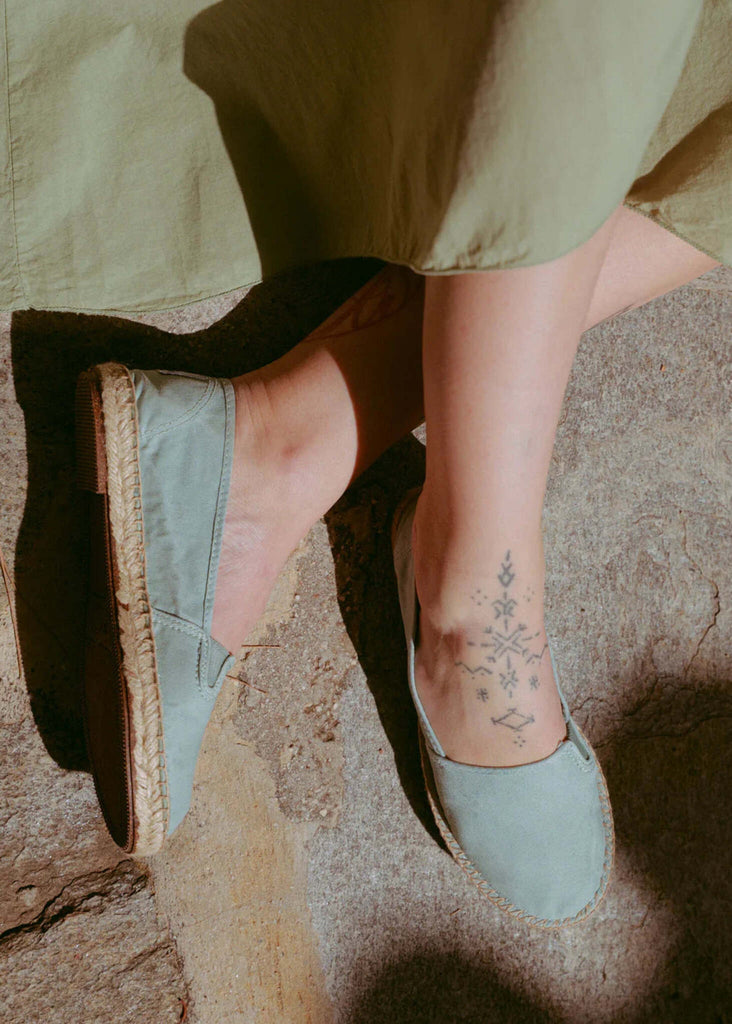 Old Merle Espadrilles — Light blue shoes on model, detail — MYFASHIONFRUIT