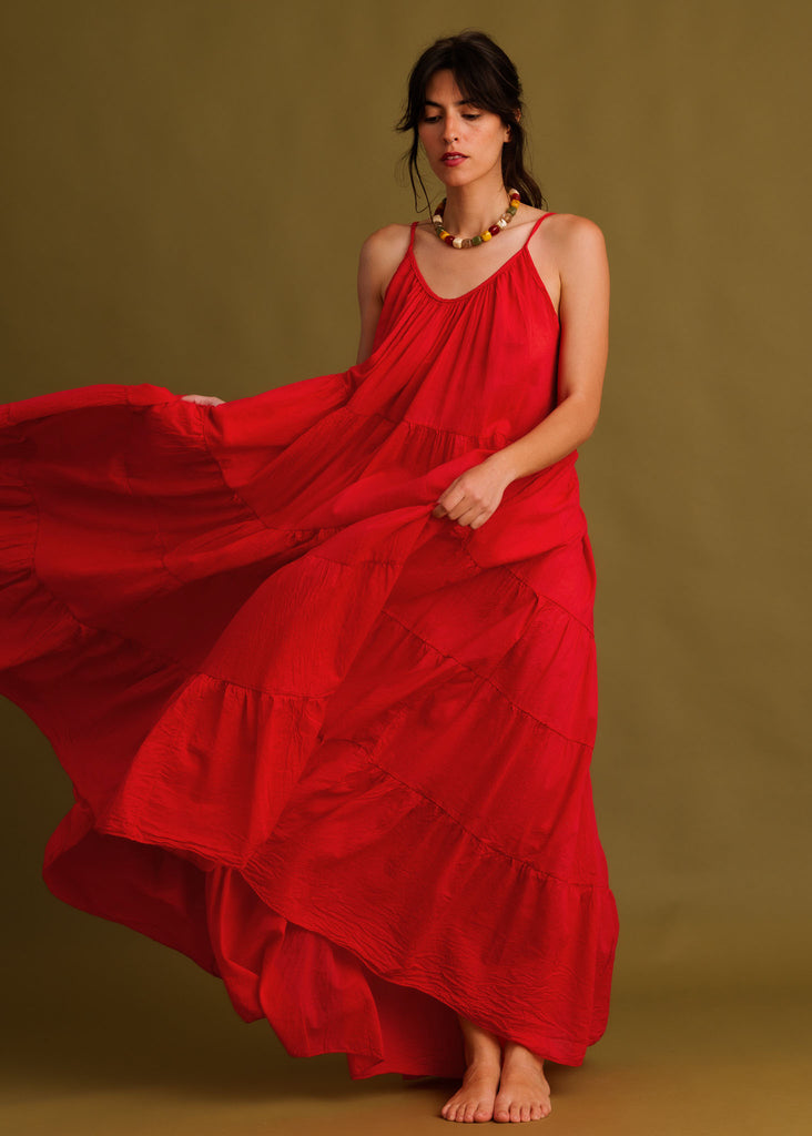 Hannah Dress — Red tiered maxi dress on model — MYFASHIONFRUIT