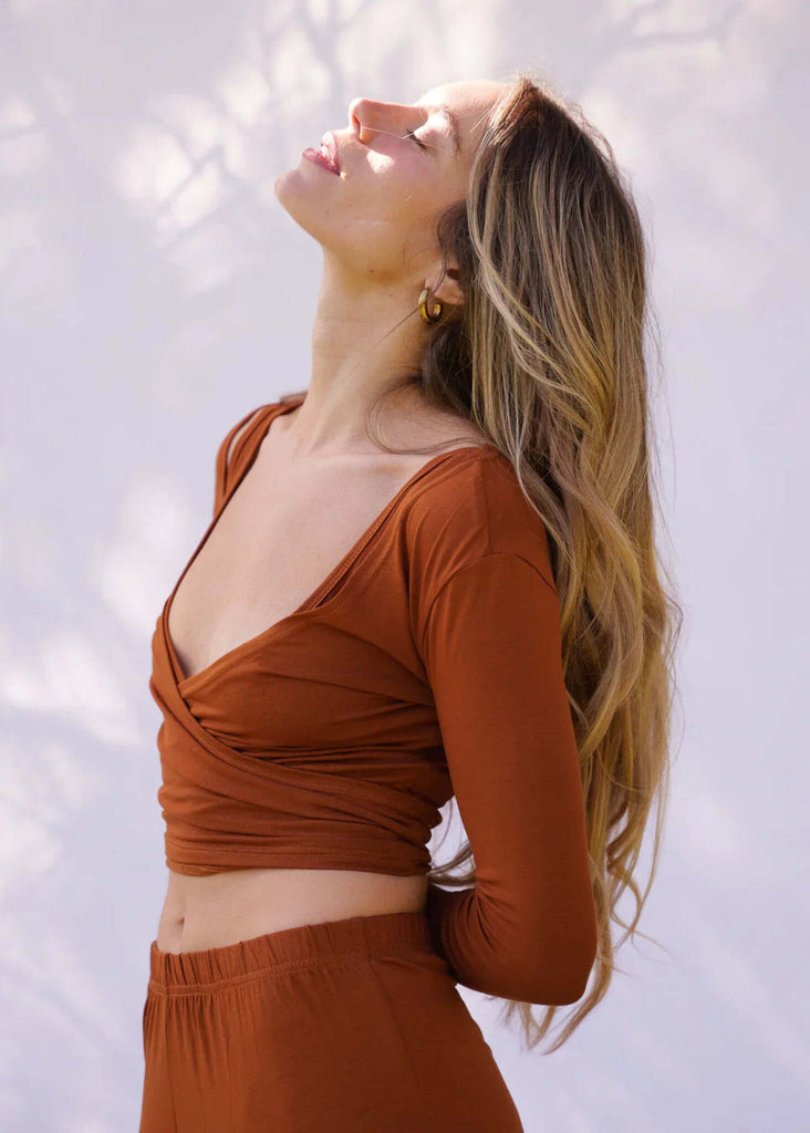 Lullaby Cardi — Brown wrap top on model — MYFASHIONFRUIT