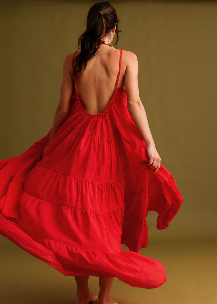 Hannah Dress — Red tiered dress on model, back view — MYFASHIONFRUIT