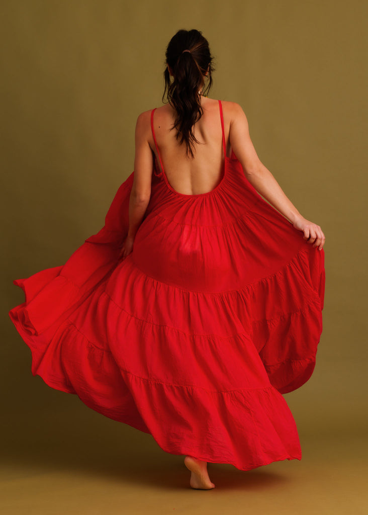 Hannah Dress — Red tiered dress on model, low back — MYFASHIONFRUIT