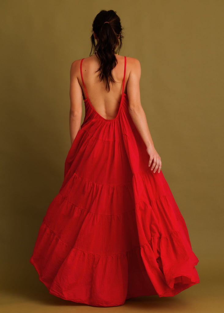 Hannah Dress — Red tiered maxi dress on model — MYFASHIONFRUIT