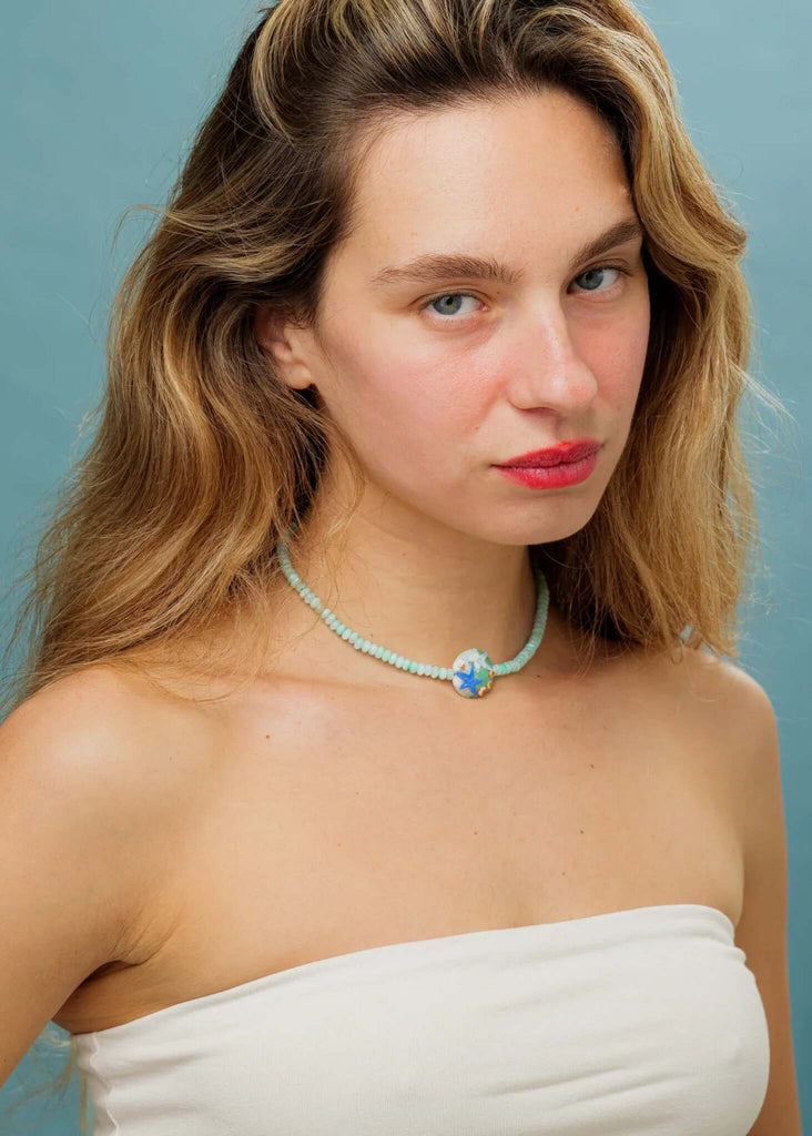 Reef Pendant — Light green beaded necklace on model — MYFASHIONFRUIT