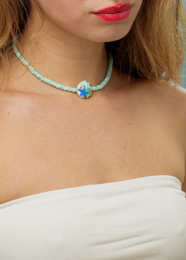 Reef Pendant — Green beaded necklace on model — MYFASHIONFRUIT