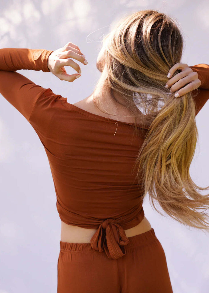 Lullaby Cardi — Brown tie-back top on model, back view — MYFASHIONFRUIT
