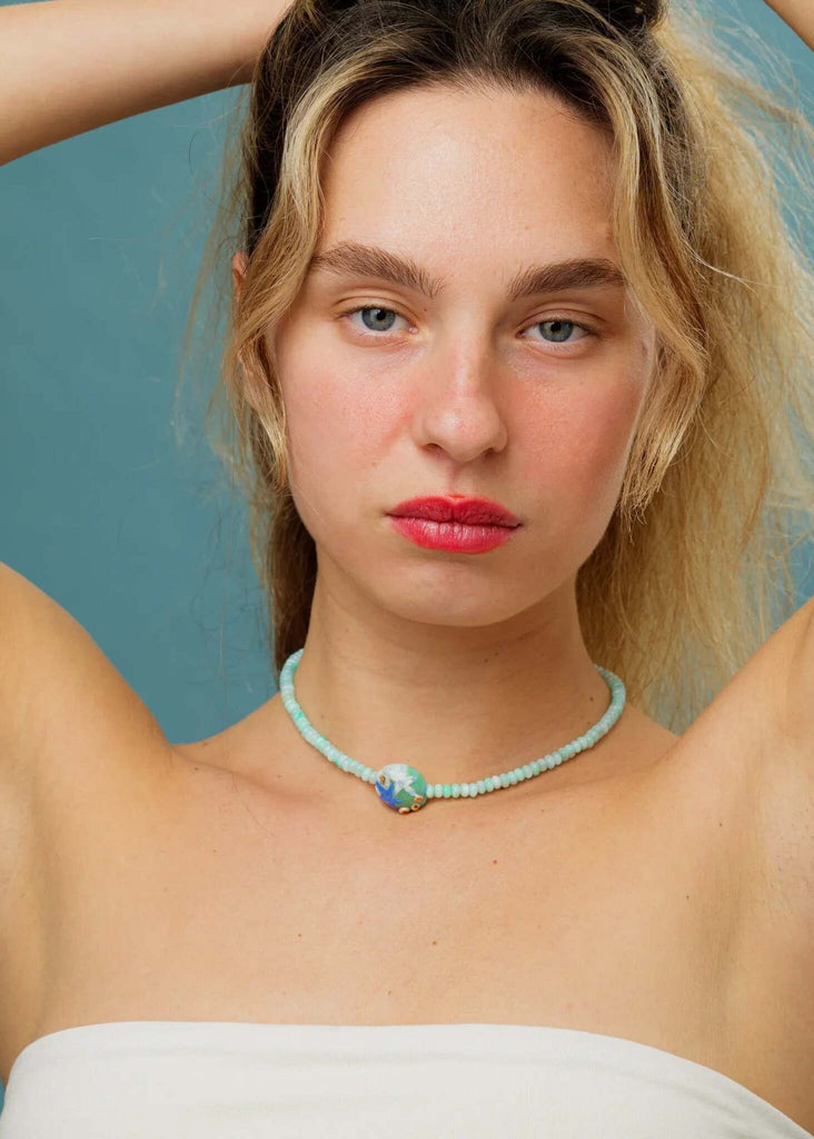 Reef Pendant — Aqua beaded necklace on model — MYFASHIONFRUIT