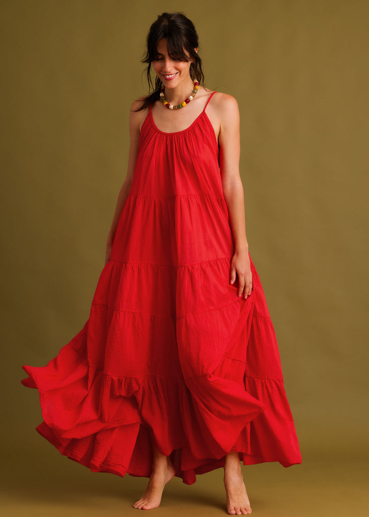 Hannah Dress — Red tiered dress on model — MYFASHIONFRUIT