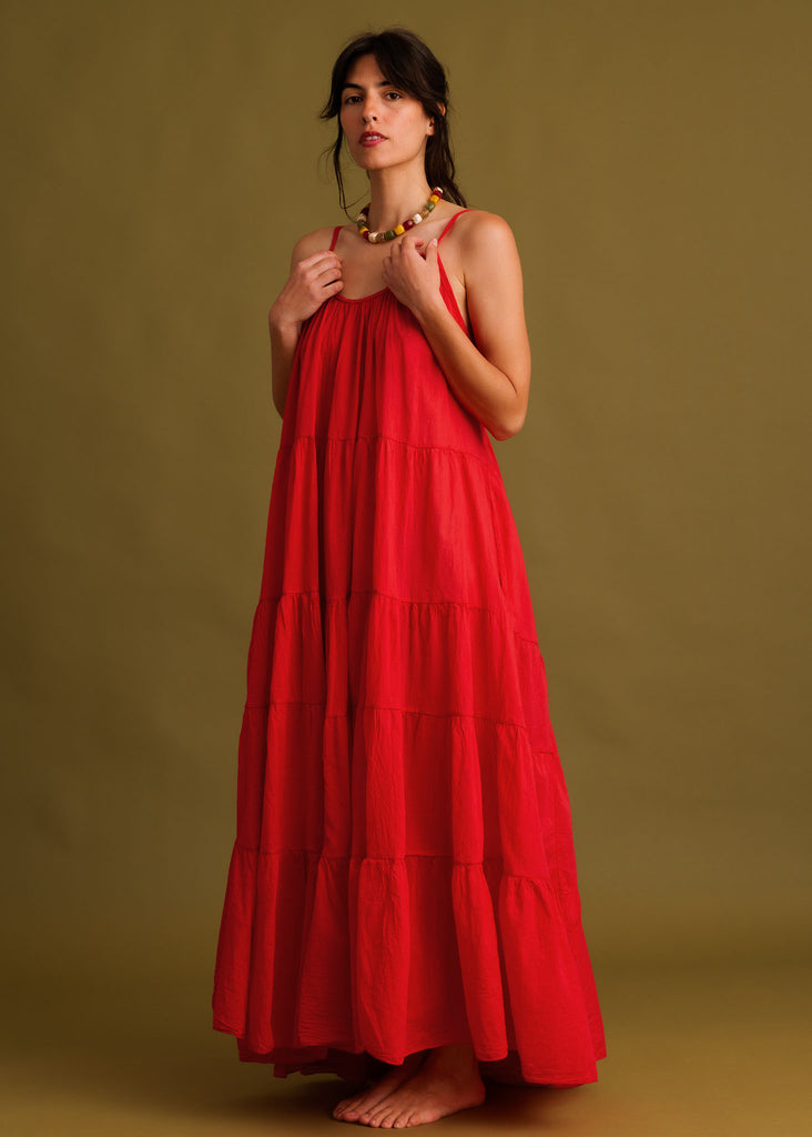 Hannah Dress — Red tiered maxi dress on model — MYFASHIONFRUIT