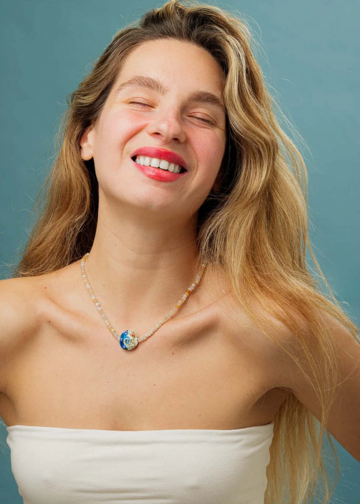 Waves Pendant — beaded necklace with blue pendant on model — MYFASHIONFRUIT