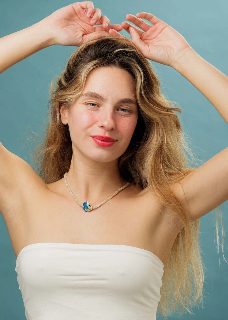 Waves Pendant — pearl necklace with blue pendant on model — MYFASHIONFRUIT
