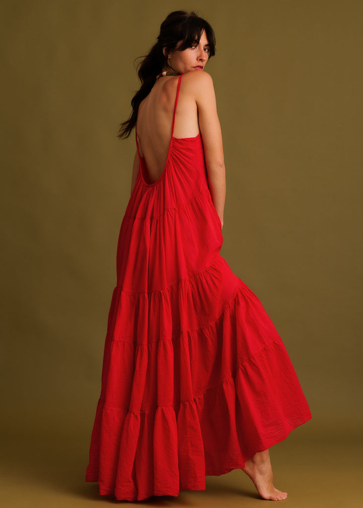 Hannah Dress — Red tiered maxi dress on model — MYFASHIONFRUIT