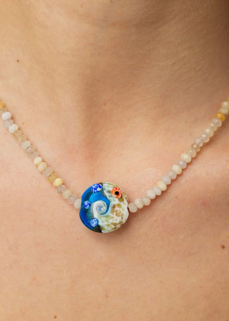 Waves Pendant — detail of necklace with blue pendant on model — MYFASHIONFRUIT