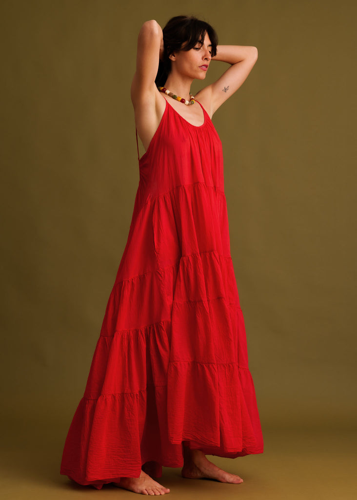 Hannah Dress — Red tiered dress on model — MYFASHIONFRUIT