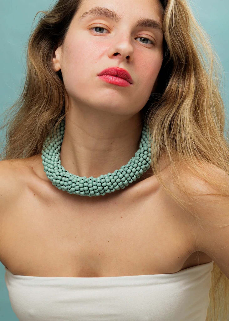 Guadalupe Necklace — Mint bead necklace on model — MYFASHIONFRUIT