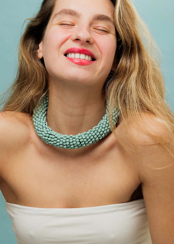 Guadalupe Necklace — Mint beaded necklace on model — MYFASHIONFRUIT