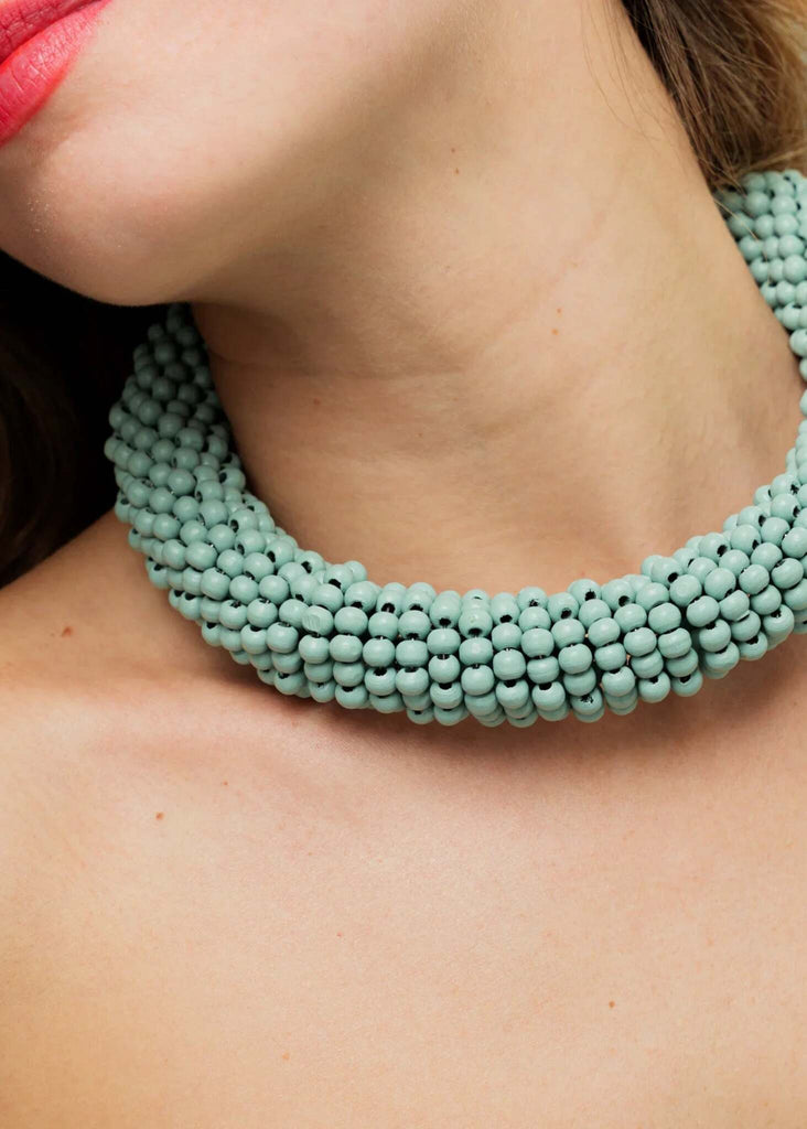 Guadalupe Necklace — Light green beaded necklace on model — MYFASHIONFRUIT