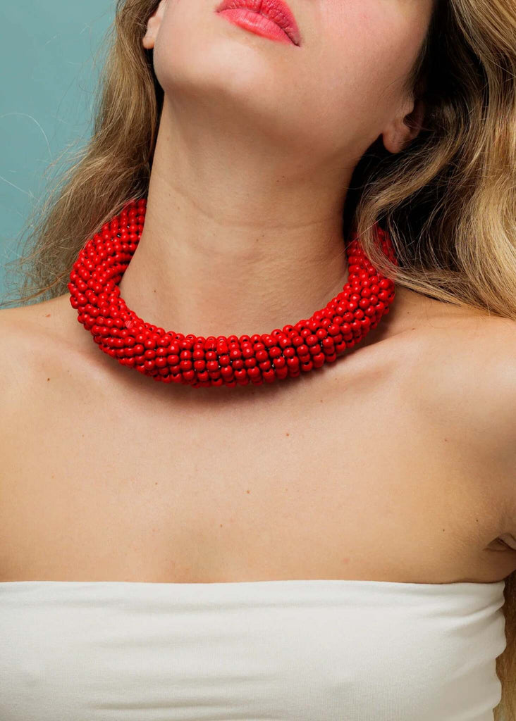 Guadalupe Necklace — Red beaded necklace on model — MYFASHIONFRUIT