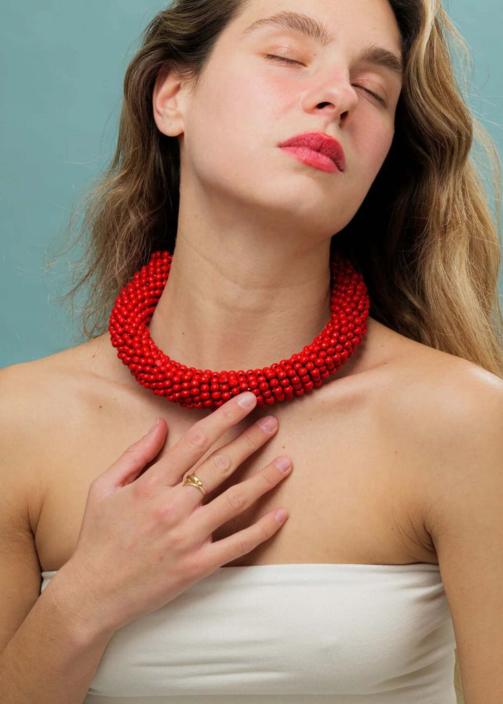 Guadalupe Necklace — Red beaded necklace on model — MYFASHIONFRUIT