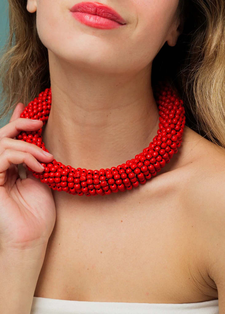 Guadalupe Necklace — Red beaded collar necklace on model — MYFASHIONFRUIT