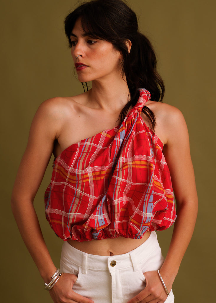 Kessa Top — Red plaid one-shoulder top on model — MYFASHIONFRUIT
