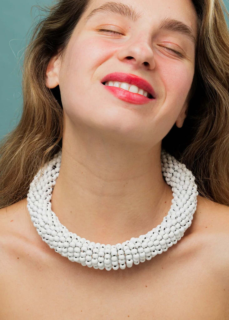 Guadalupe Necklace — White beaded necklace on model — MYFASHIONFRUIT