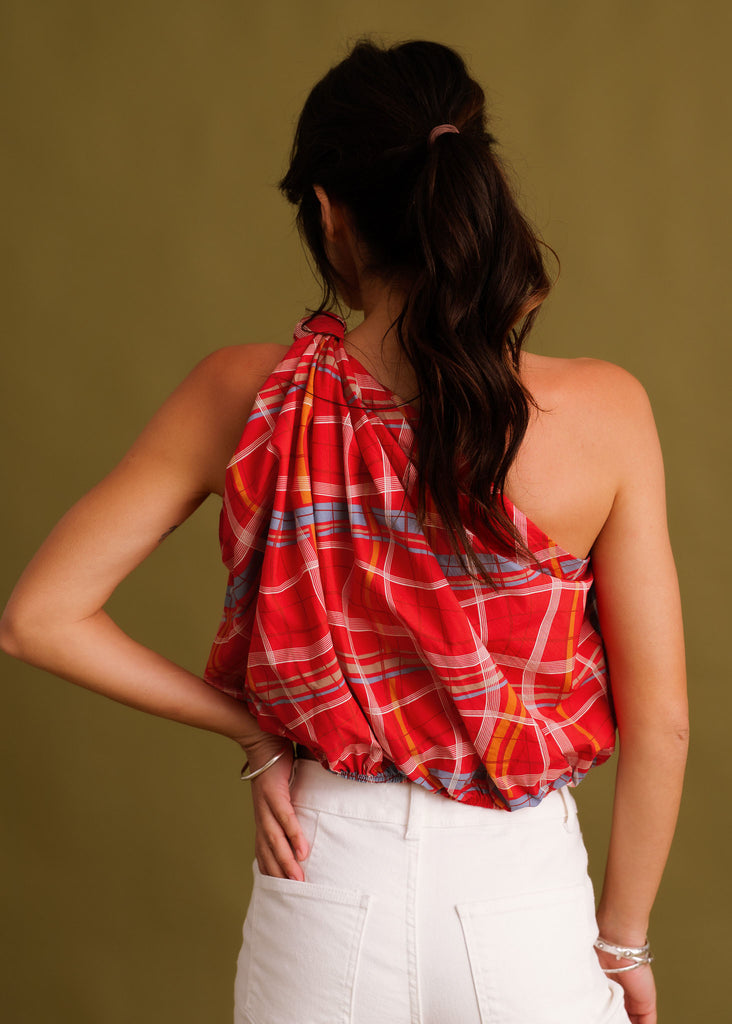 Kessa Top — Red plaid top on model, back view — MYFASHIONFRUIT