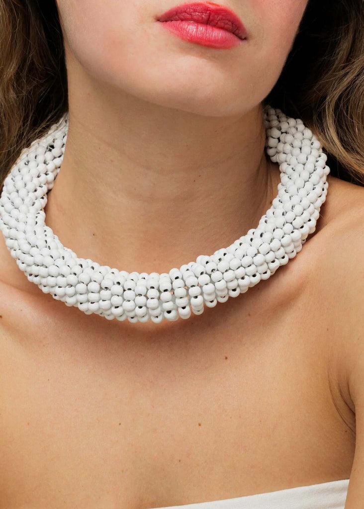 Guadalupe Necklace — White beaded necklace on model — MYFASHIONFRUIT