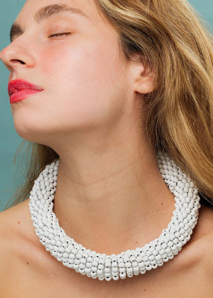 Guadalupe Necklace — White beaded necklace on model — MYFASHIONFRUIT