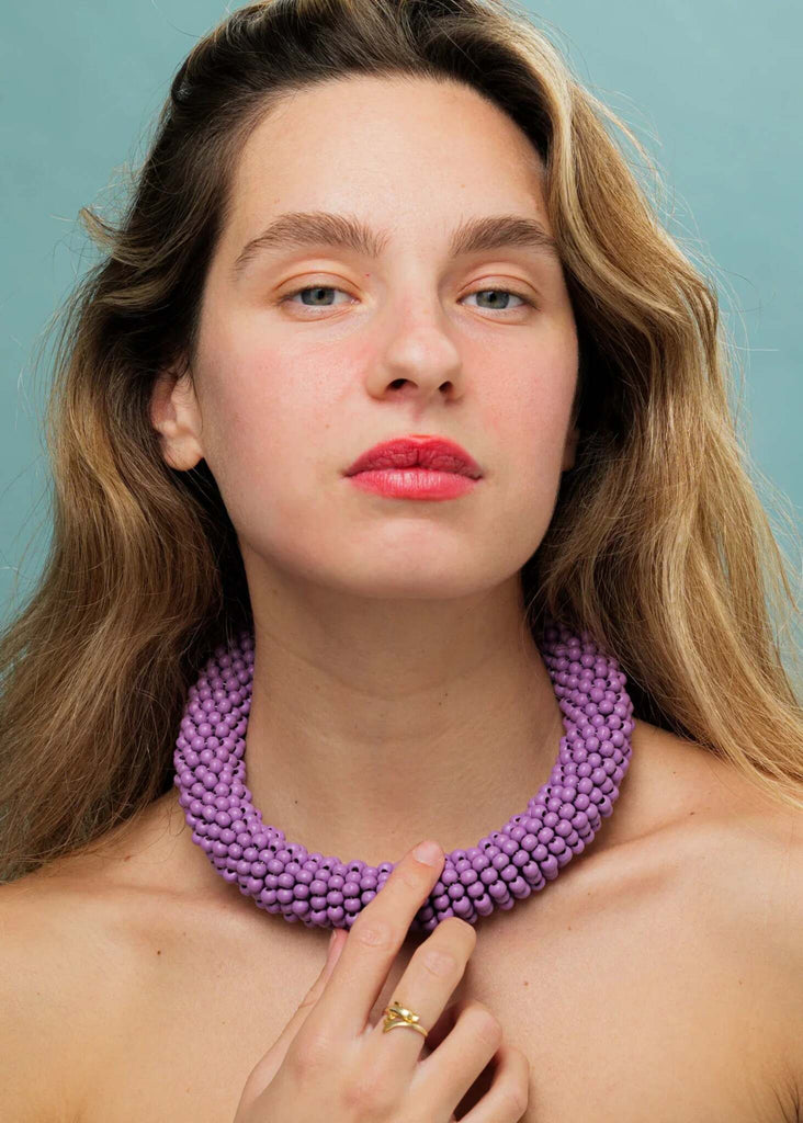 Guadalupe Necklace — Lilac beaded necklace on model — MYFASHIONFRUIT