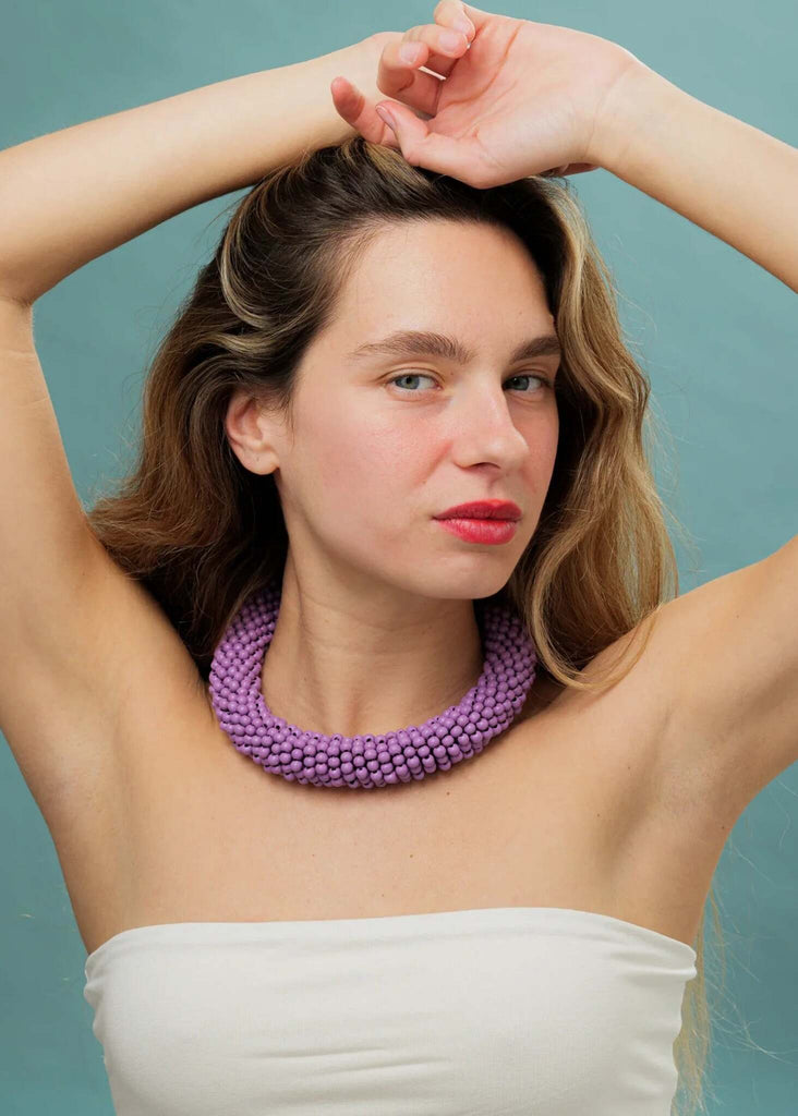 Guadalupe Necklace — Lilac beaded necklace on model — MYFASHIONFRUIT