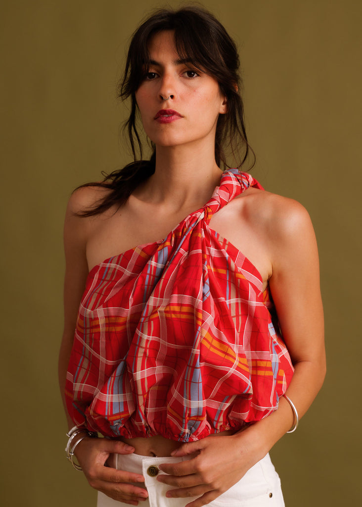 Kessa Top — Red plaid one-shoulder top on model — MYFASHIONFRUIT