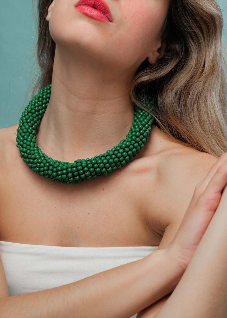 Guadalupe Necklace — Green beaded necklace on model — MYFASHIONFRUIT