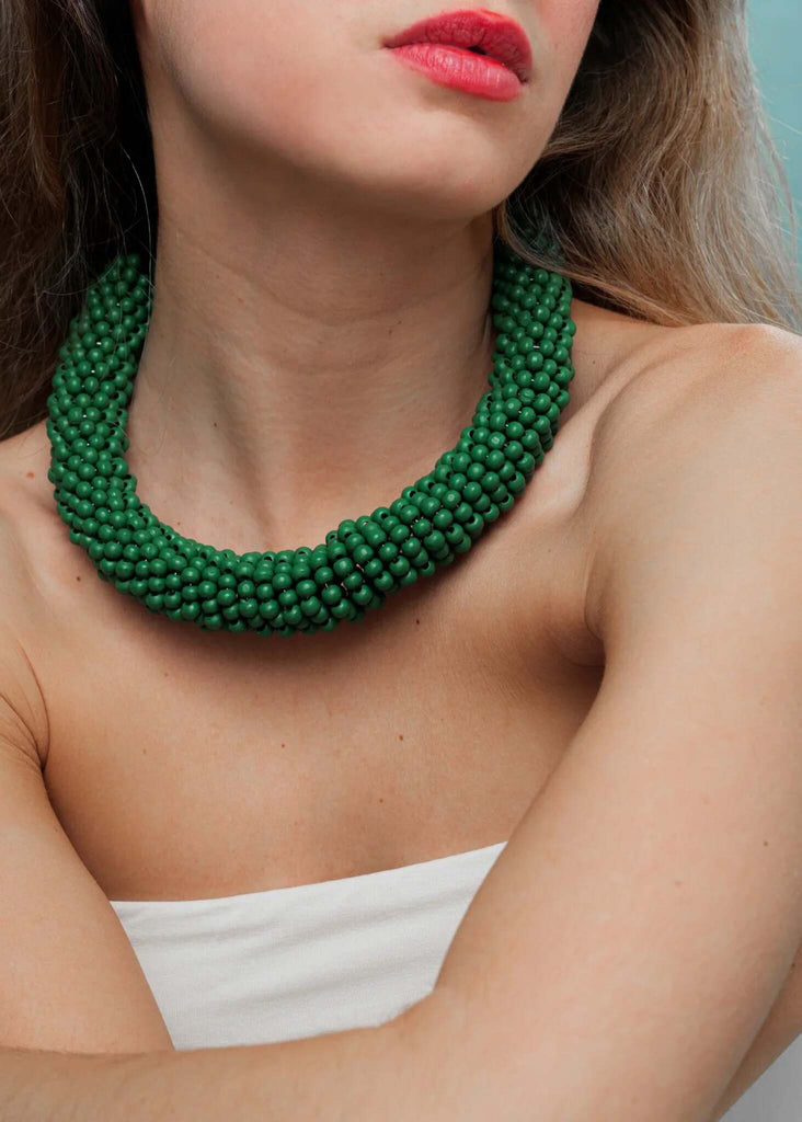 Guadalupe Necklace — Green beaded necklace on model — MYFASHIONFRUIT