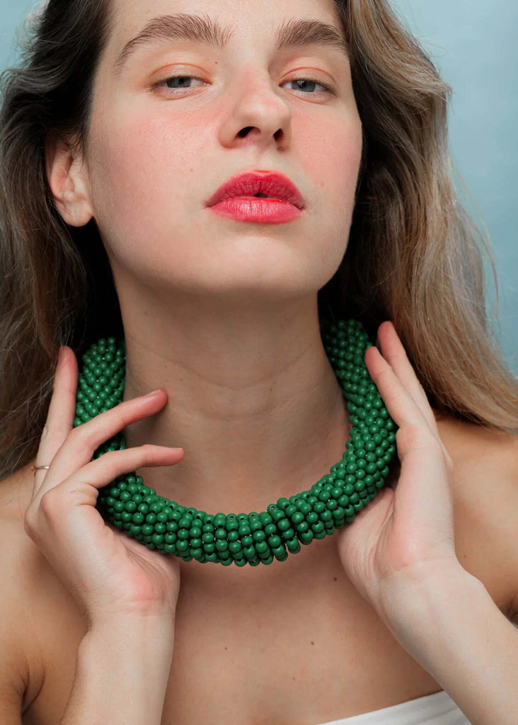 Guadalupe Necklace — Green beaded necklace on model — MYFASHIONFRUIT