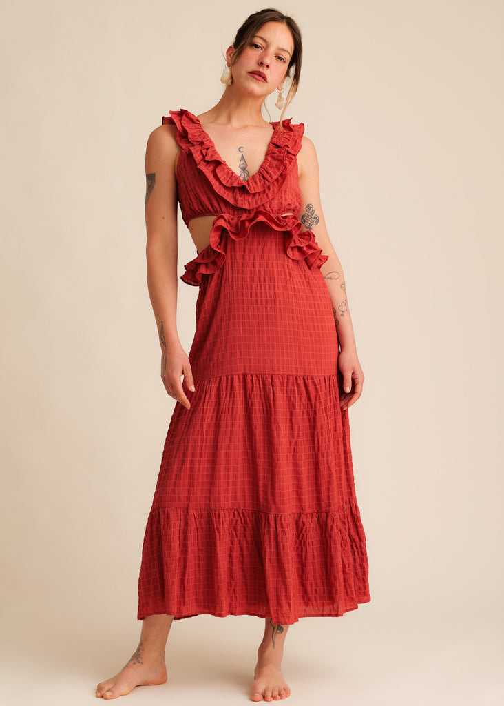 Ambre Dress — Red ruffled dress on model — MYFASHIONFRUIT