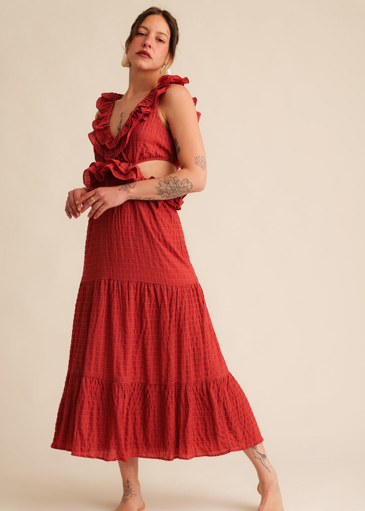 Ambre Dress — Red ruffled maxi dress on model — MYFASHIONFRUIT