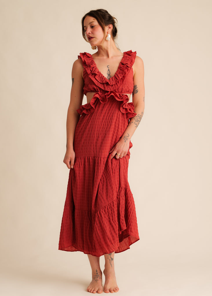Ambre Dress — Rust-colored dress with ruffles on model — MYFASHIONFRUIT