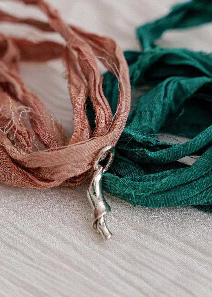 Thalassa Pendant — Detail of silk ribbons and silver pendant — MYFASHIONFRUIT