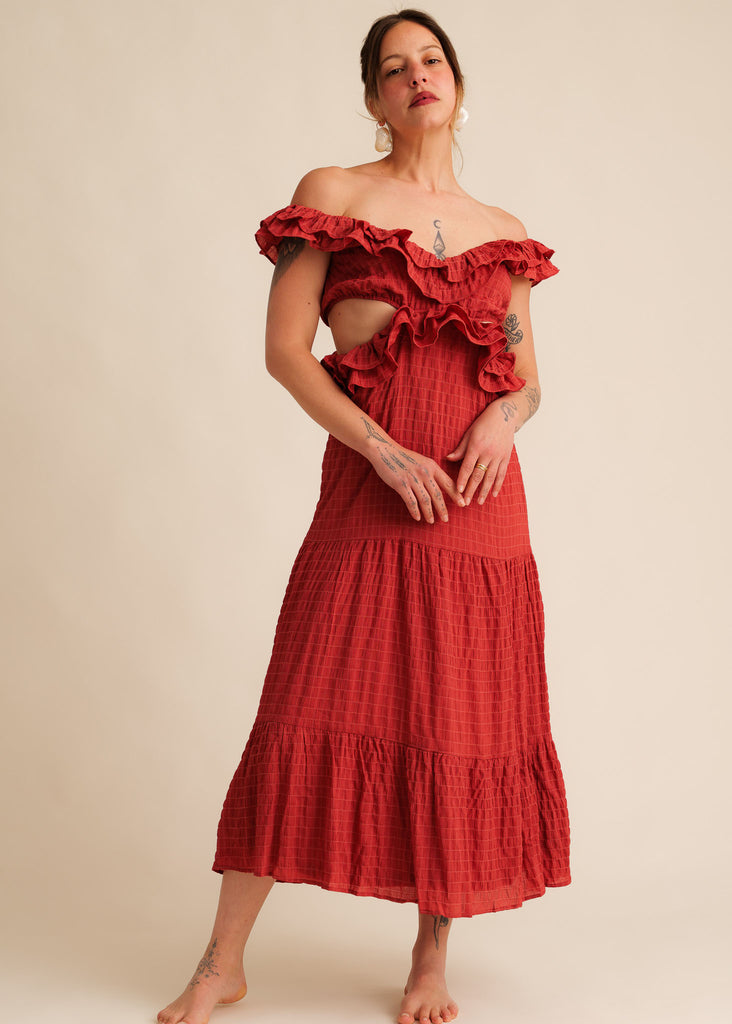 Ambre Dress — Red off-shoulder dress with ruffles on model — MYFASHIONFRUIT