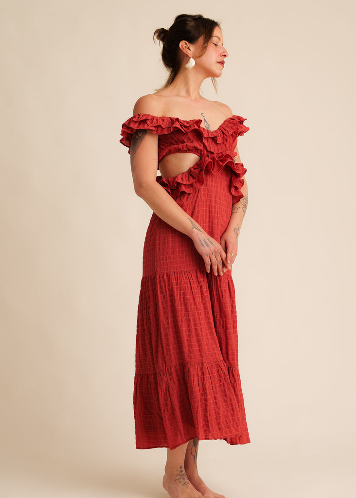 Ambre Dress — Rust-colored off-shoulder dress with ruffles on model — MYFASHIONFRUIT