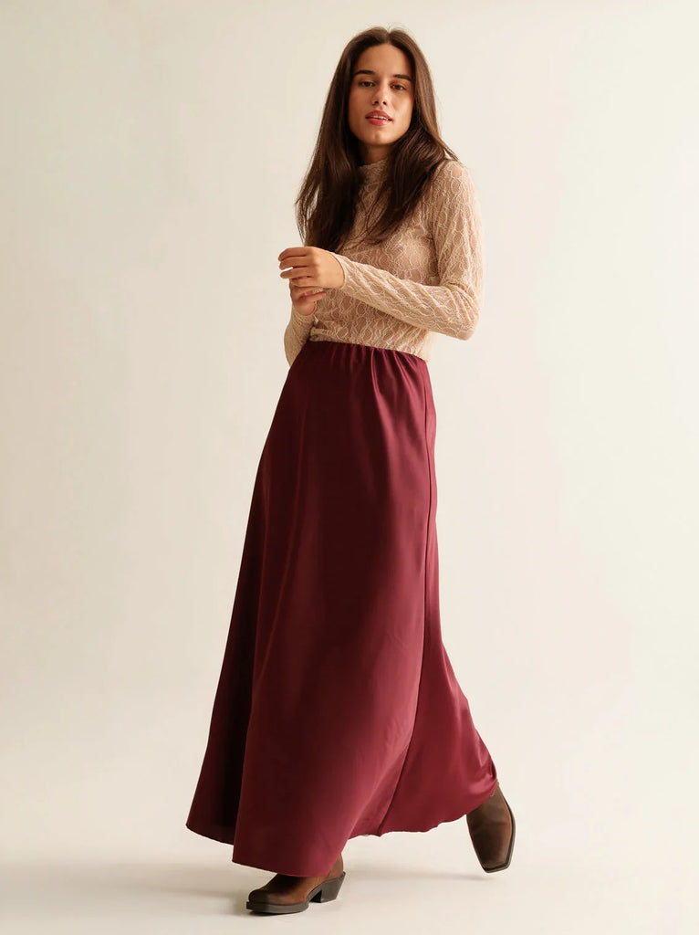 Keena Skirt — Burgundy maxi skirt on model — MYFASHIONFRUIT
