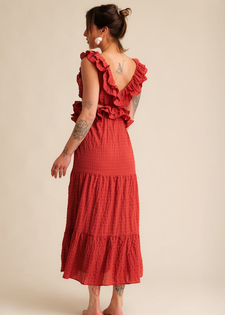 Ambre Dress — Red dress with ruffles on model — MYFASHIONFRUIT