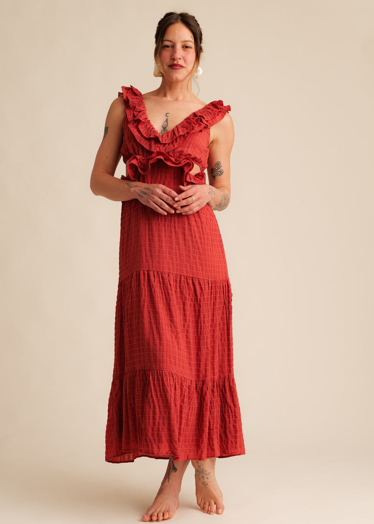 Ambre Dress — Red ruffled maxi dress on model — MYFASHIONFRUIT