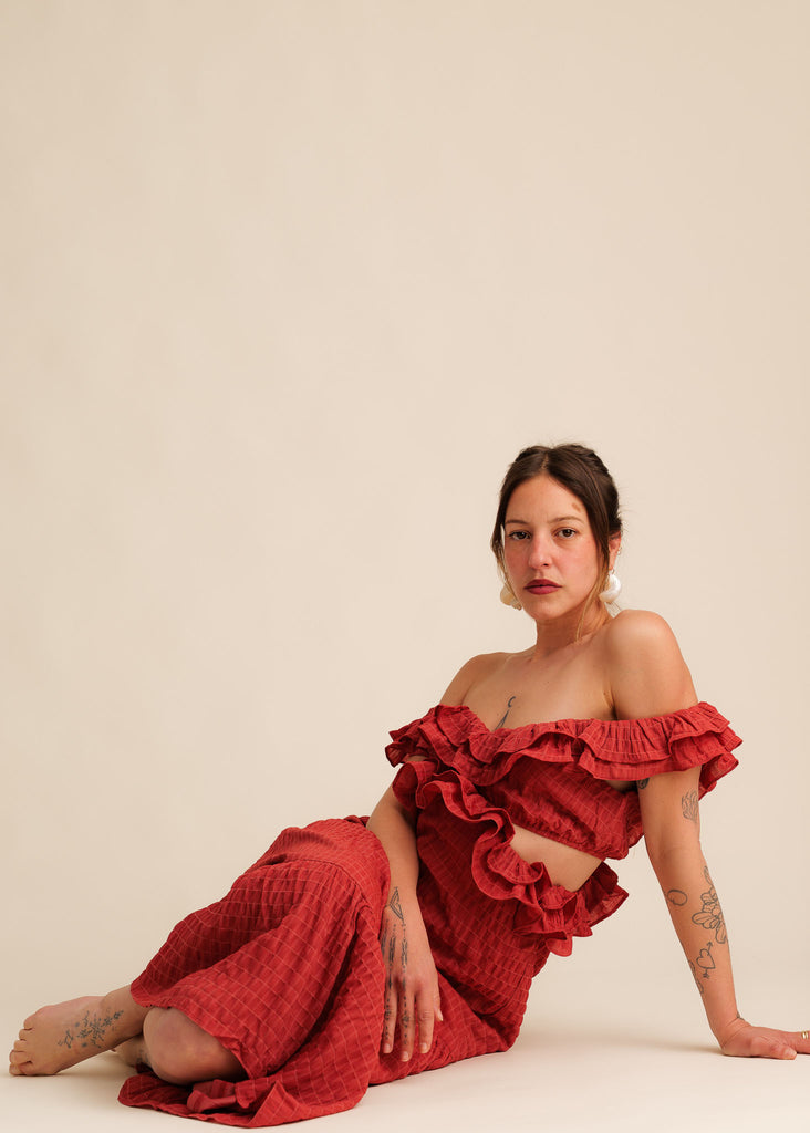 Ambre Dress — Red off-shoulder dress with ruffles on model — MYFASHIONFRUIT