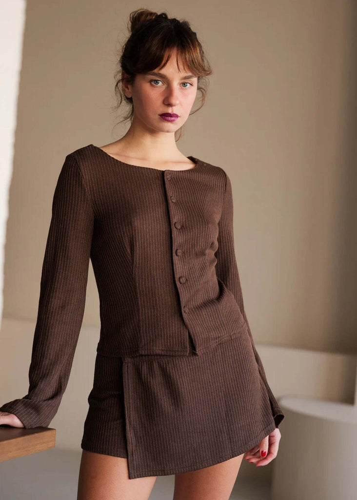 Bali Skort — Brown ribbed skort & cardigan on model — MYFASHIONFRUIT