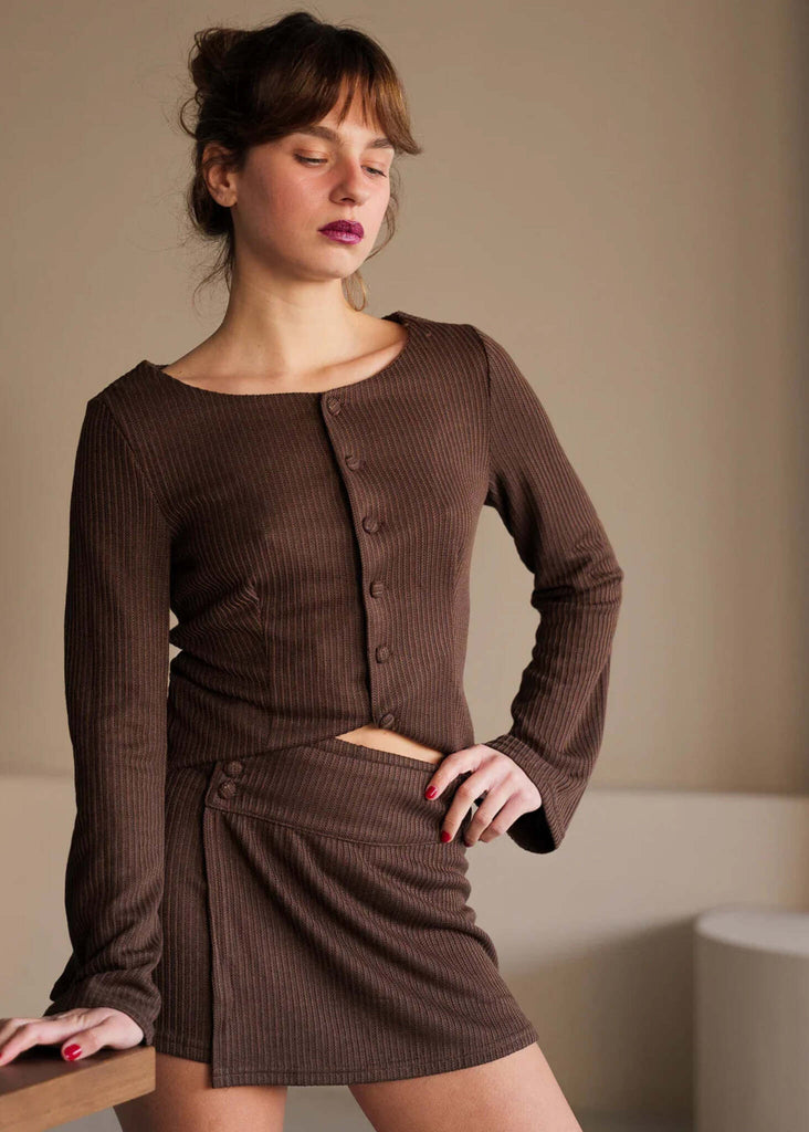 Bali Skort — Brown ribbed skirt and top set on model — MYFASHIONFRUIT