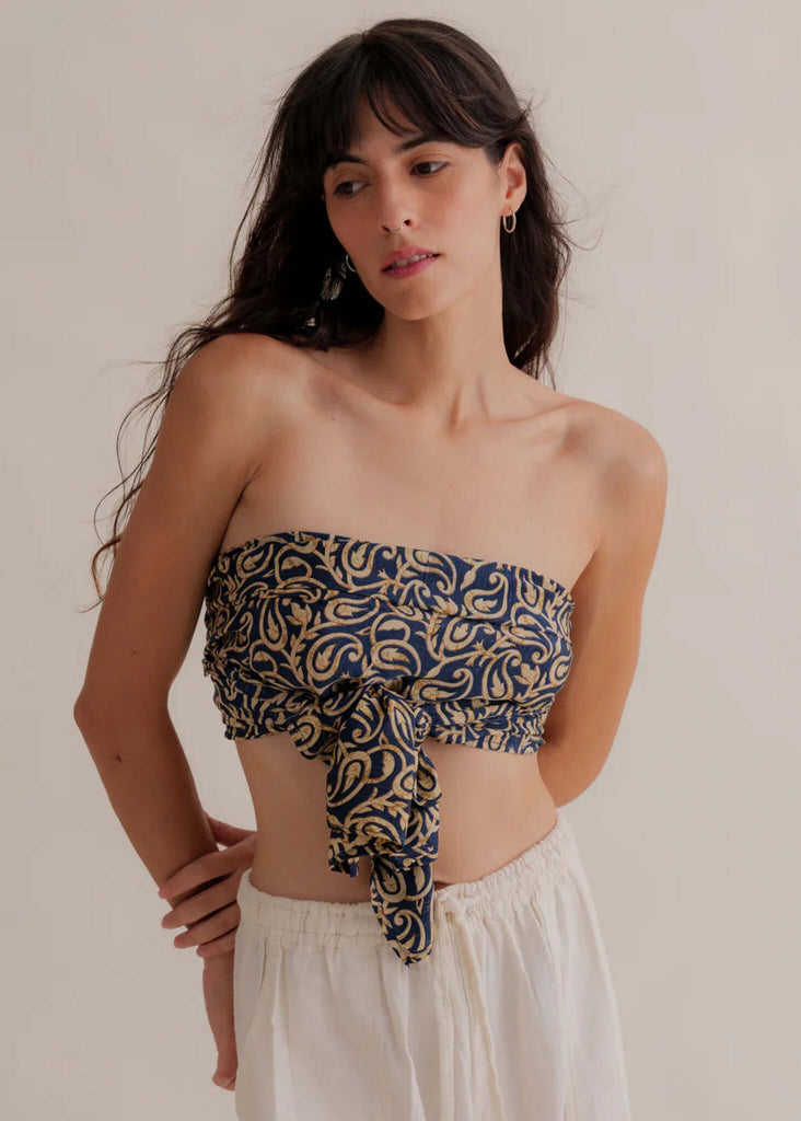 Bijal Silk Scarf - Blues — on model, paisley scarf top — MYFASHIONFRUIT