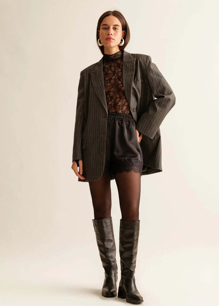 Marcia Shorts — Black satin shorts with lace, on model — MYFASHIONFRUIT